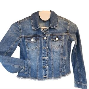 Baccini Fringe Jean Jacket Size Small, medium dark wash denim jacket